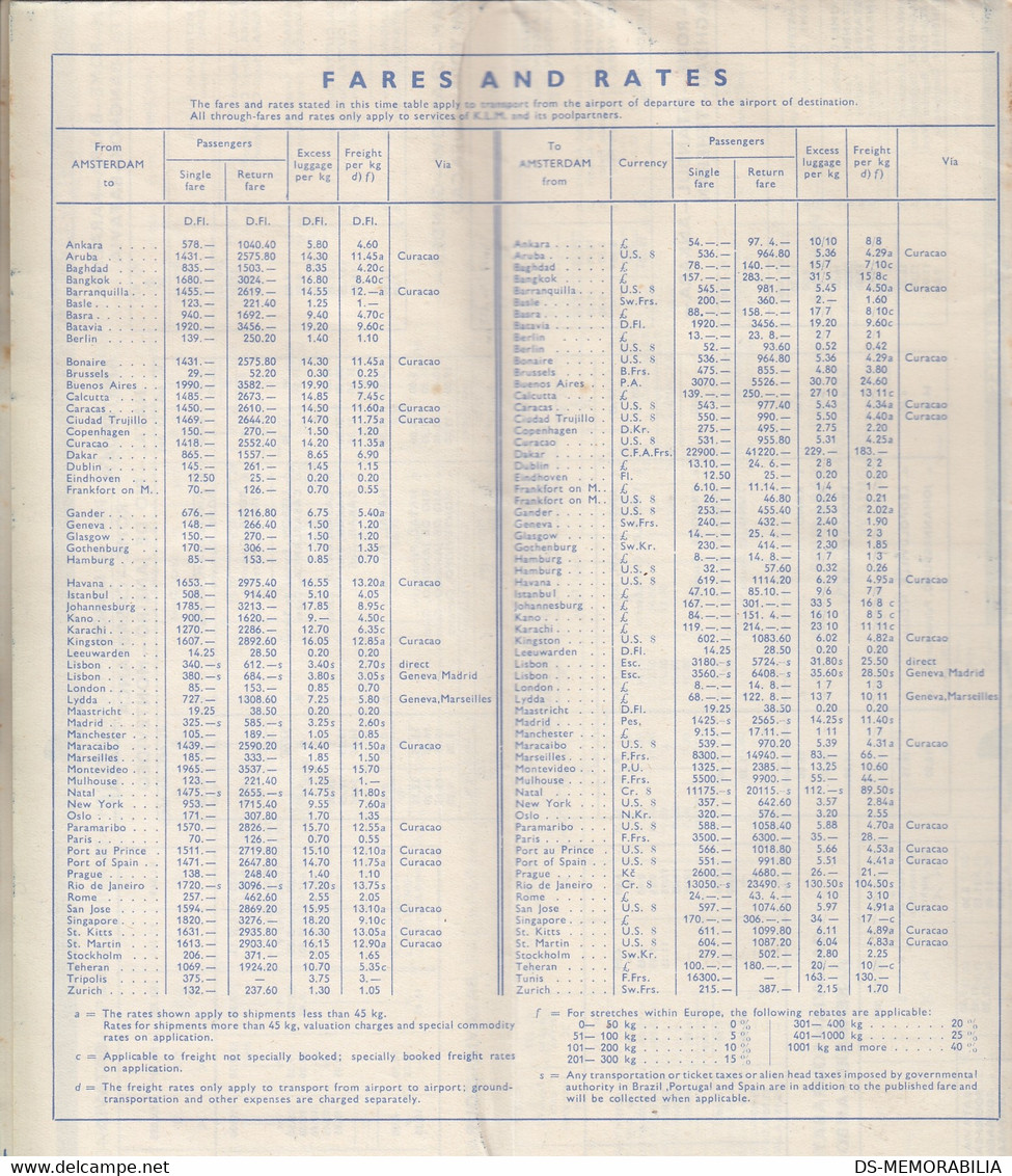 1948 KLM Royal Dutch Airlines Timetable Brochure Fares And Rates - Orari