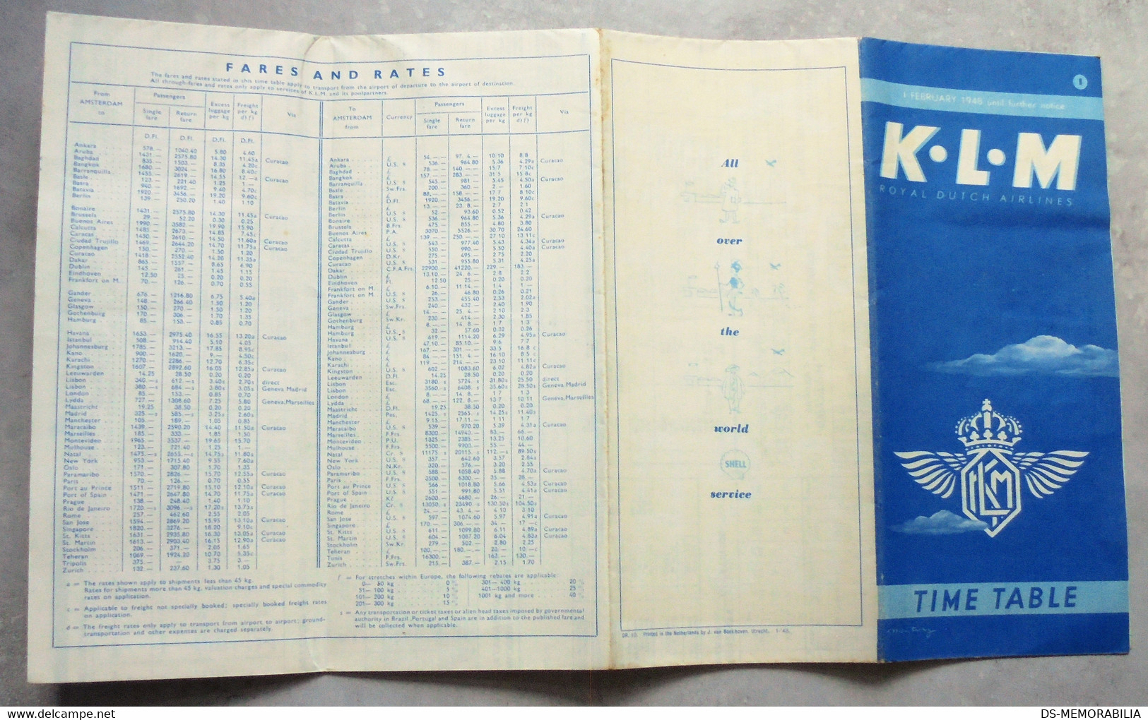 1948 KLM Royal Dutch Airlines Timetable Brochure Fares And Rates - Tijdstabellen