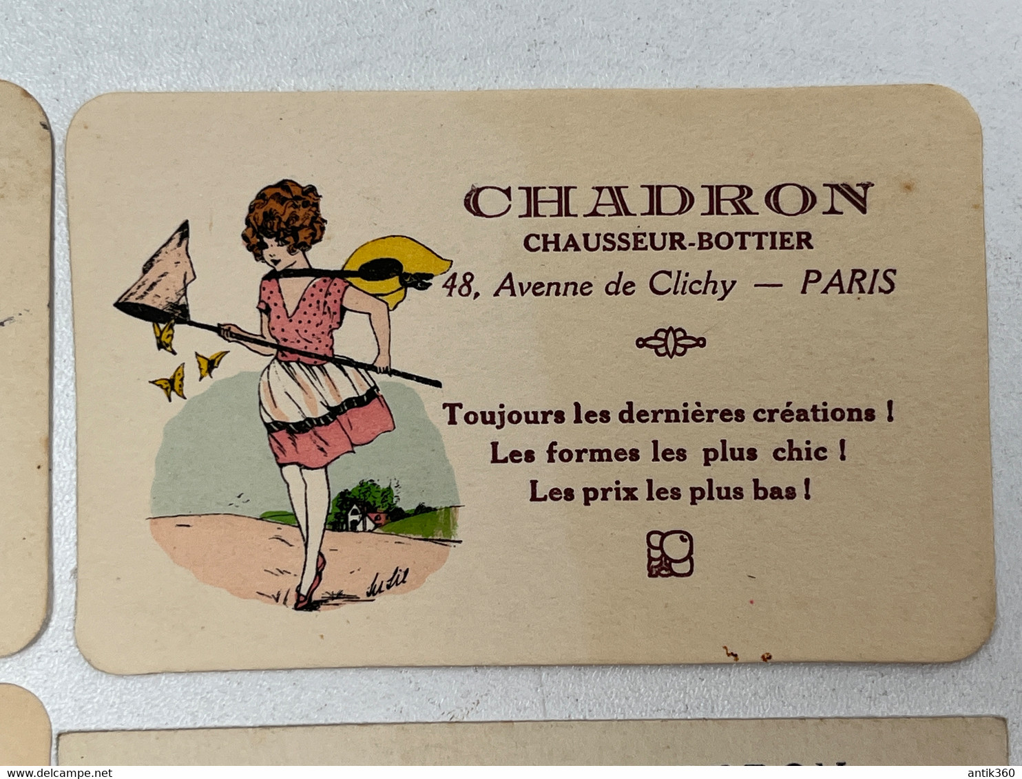 Lot De 4 Cartes De Visite Publicitaires CHADRON Chausseur Bottier 48 Avenue Clichy Paris 75018 Illustrateur - Autres & Non Classés