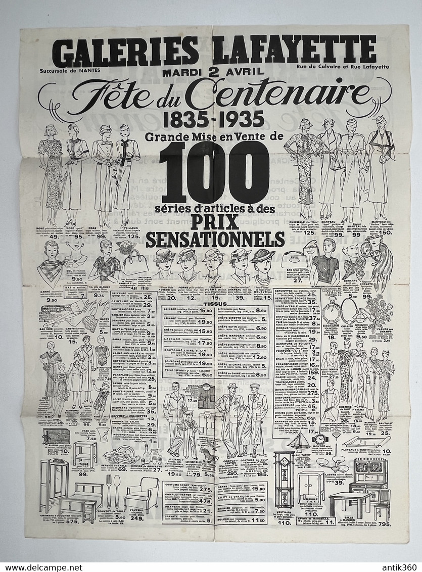 Affiche Publicitaire GALERIES LAFAYETTE NANTES Fête Du Centenaire 1835-1935 Mode Vêtements - Affiches