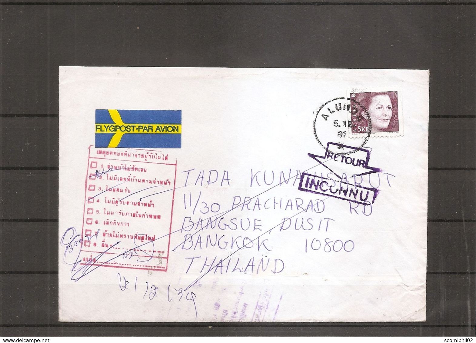 Suède ( Lettre Par Avion De 1991 De Alunda Vers La Thailande Et Réexpédiée à Voir) - Storia Postale
