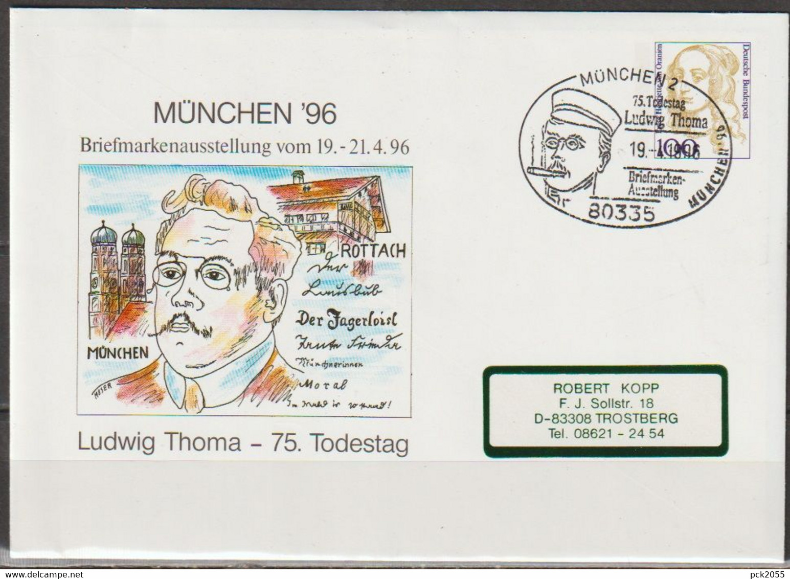 Bund Privat Ganzsache 1996 Nr. PU 350 D2/026a SoSt. München96 75.Todestag Ludwig Thoma  (d 6934 ) - Private Covers - Used