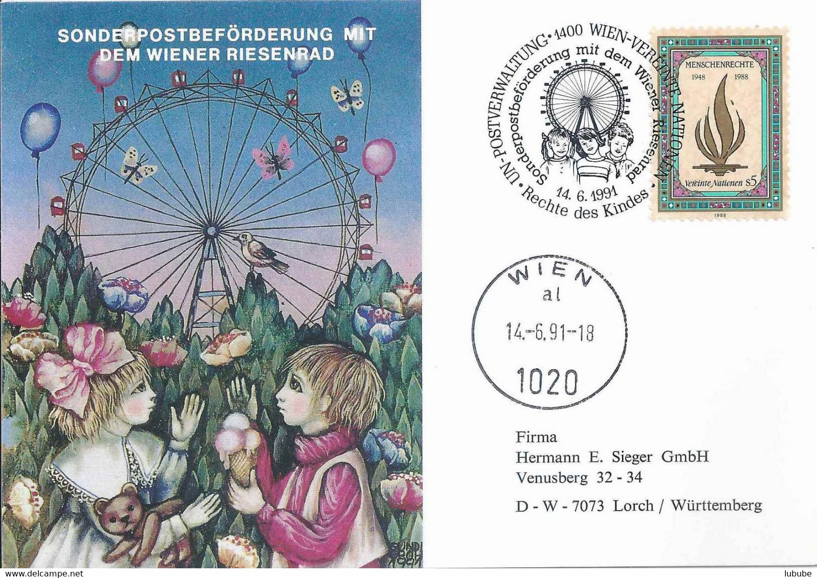 Sonderkarte  "Sonderpostbeförderung Mit Dem Wiener Riesenrad"   Wien          1991 - Lettres & Documents