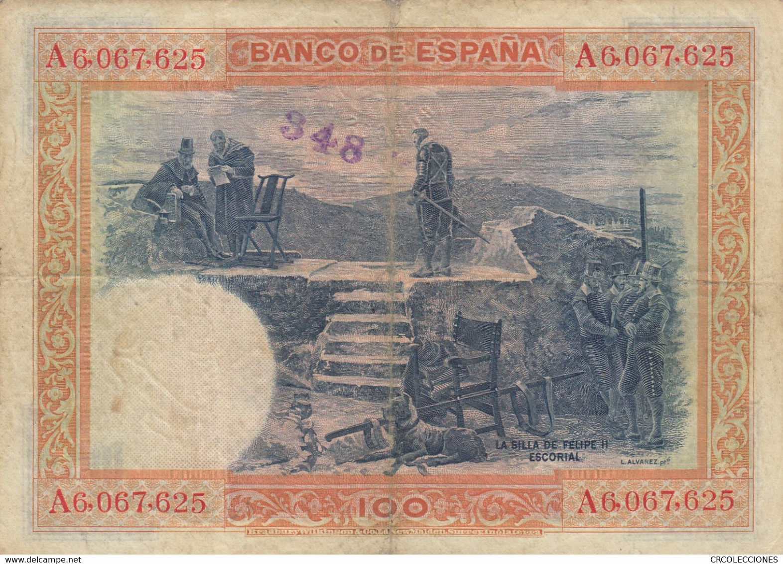 CRBS0420 BILLETE ESPAÑA 100  PESETAS 1925 CON DOBLE RESELLO MBC 15 - 100 Pesetas