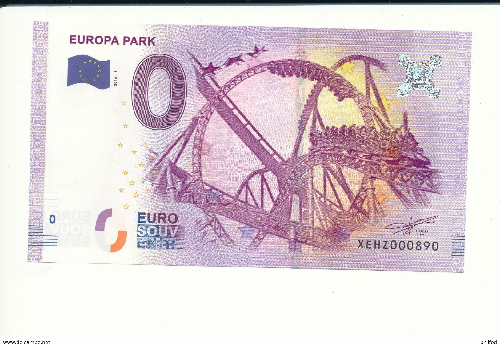 Billet Souvenir - 0 Euro - XEHZ - 2016- 1 - EUROPA PARK - N° 890 - Billet épuisé - Alla Rinfusa - Banconote