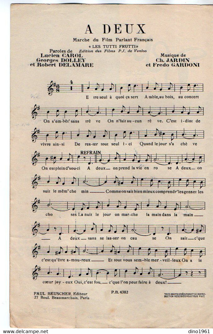 VP20.372 - PARIS - Ancienne Partition Musicale ¨ A Deux ¨ Paroles De CAROL X DOLLEY .../ Musique De JARDIN X GARDONI - Scores & Partitions