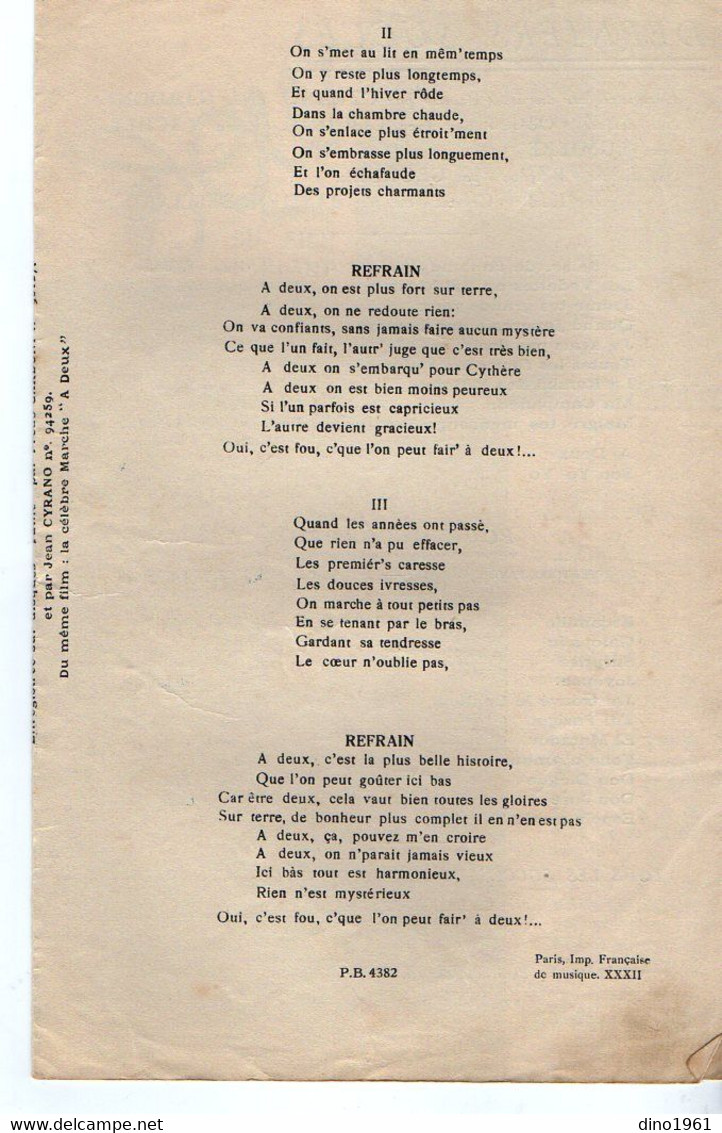 VP20.372 - PARIS - Ancienne Partition Musicale ¨ A Deux ¨ Paroles De CAROL X DOLLEY .../ Musique De JARDIN X GARDONI - Scores & Partitions