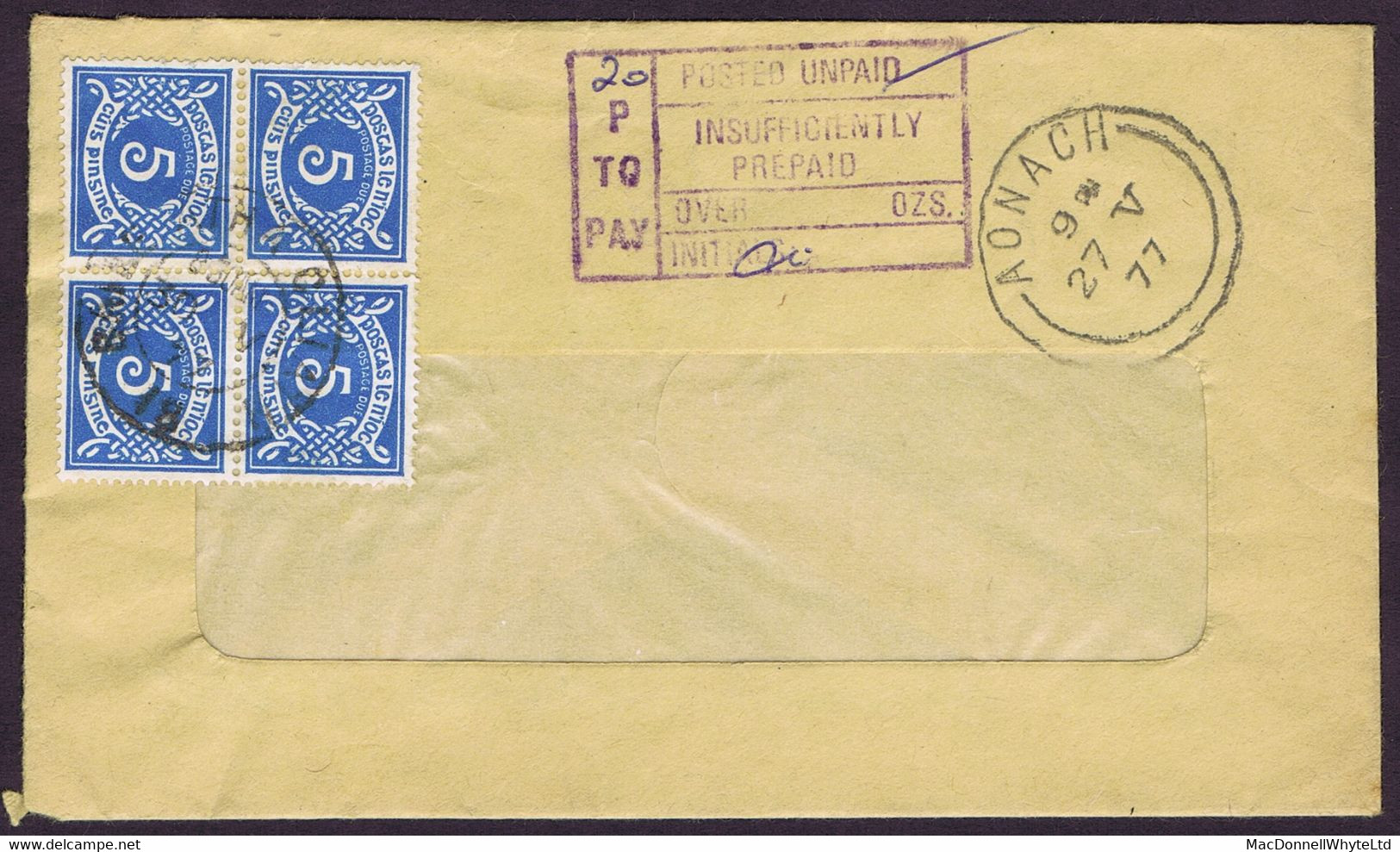 Ireland Postage Due Tipperary 1971 Decimal 5p Block Of 4 Used On Unpaid Envelope Nenagh To Dublin - Strafport