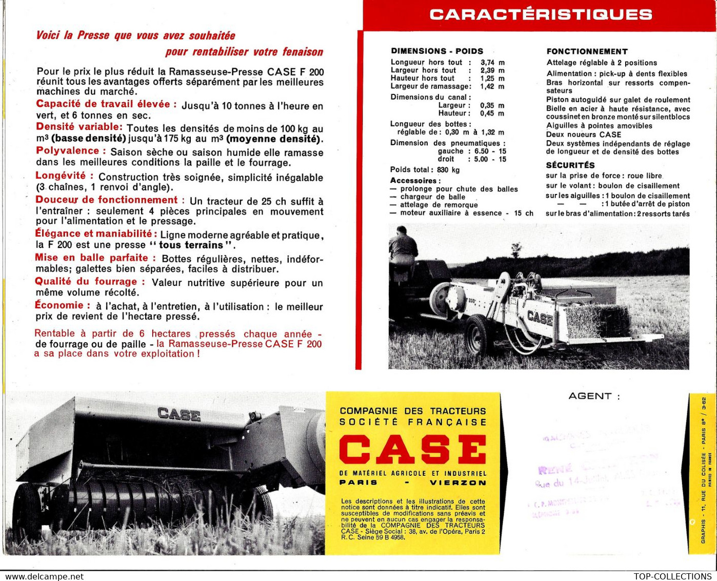 AGRICULTURE MATERIEL AGRICOLE DOCUMENTATION CASE RAMASSEUSE PRESSE F 200 B.E. VOIR SCANS - Advertising