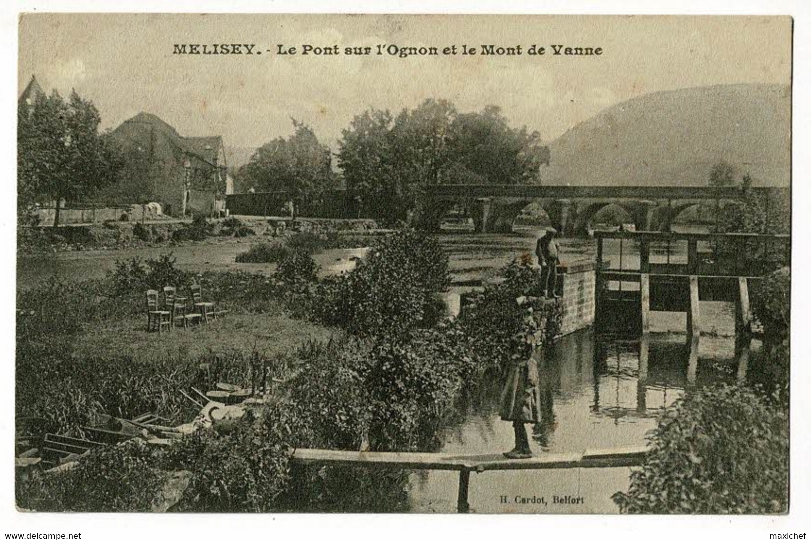 Melisey - Le Pont Sur L'Ognon Et Le Mont De Vanne (animation, Barrage à Plusieurs Portes) Circulé 1914 En FM - Mélisey
