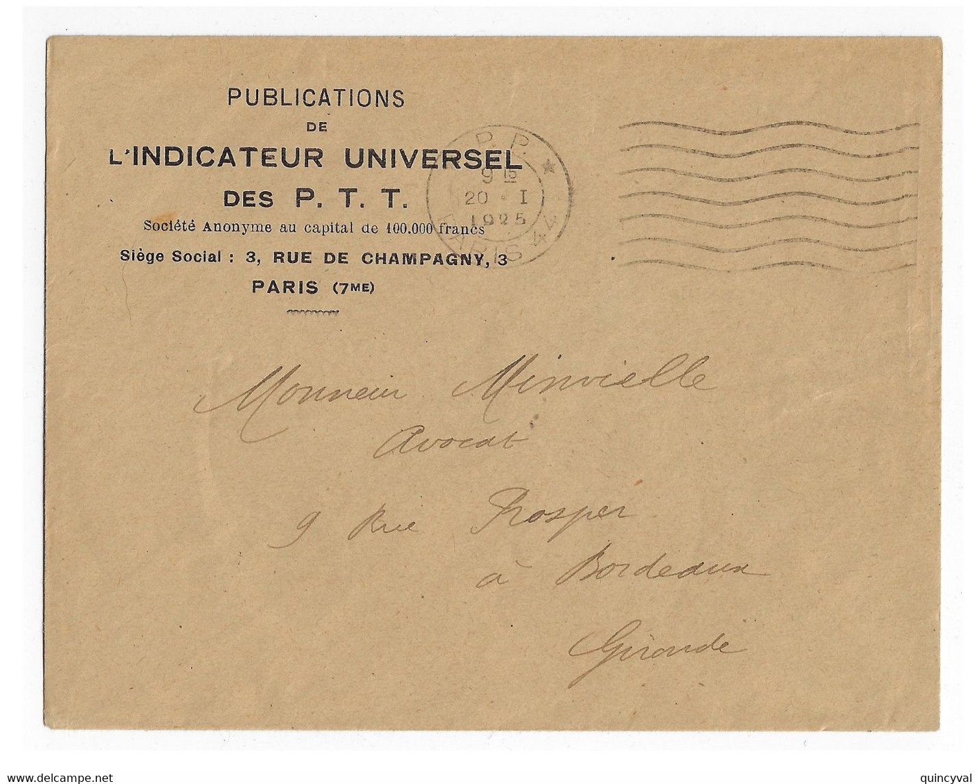 7 Lignes Ondulés Lettre Entête Publication Indicateur Universel PTT Ob Meca Flier P.P. PARIS 44 Ob 20 1 1925 - Maschinenstempel (Sonstige)