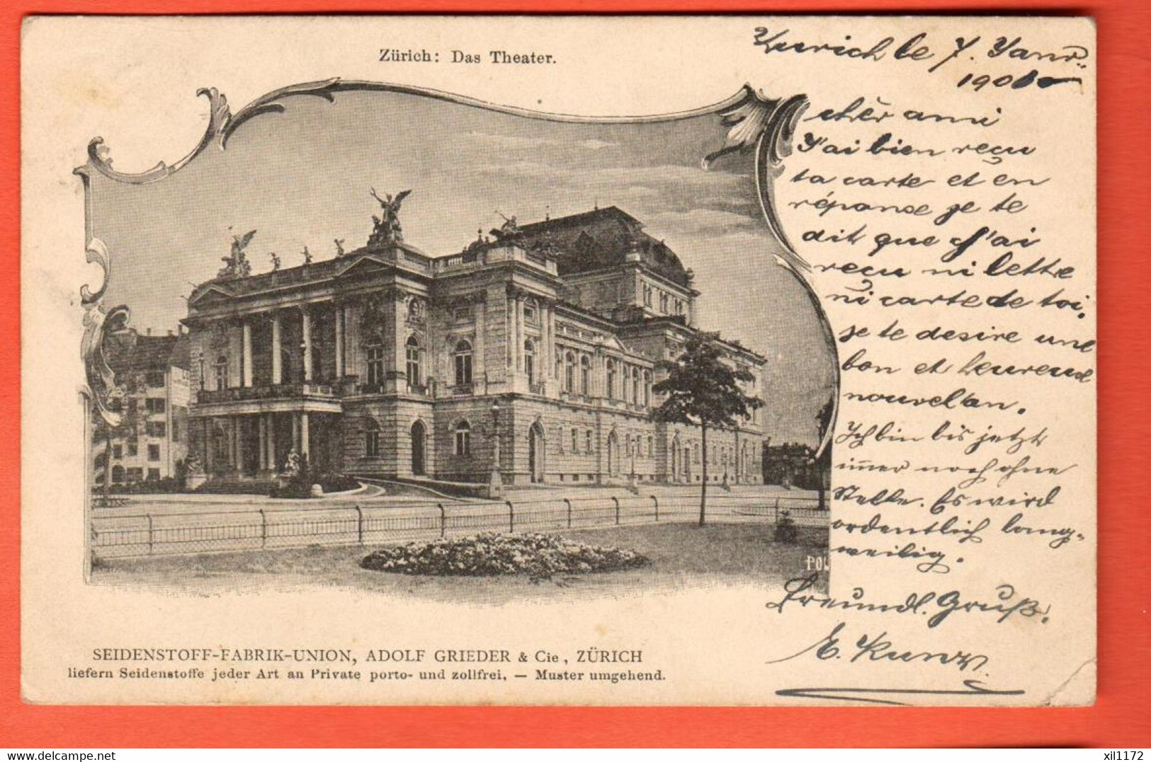 KCF-18 Litho SELTEN  Zürich, Das Theater. Pionier  Gelaufen Zürich Wiedikon 1901 Nach Besançon. Grieder Seidenstoff - Wiedikon
