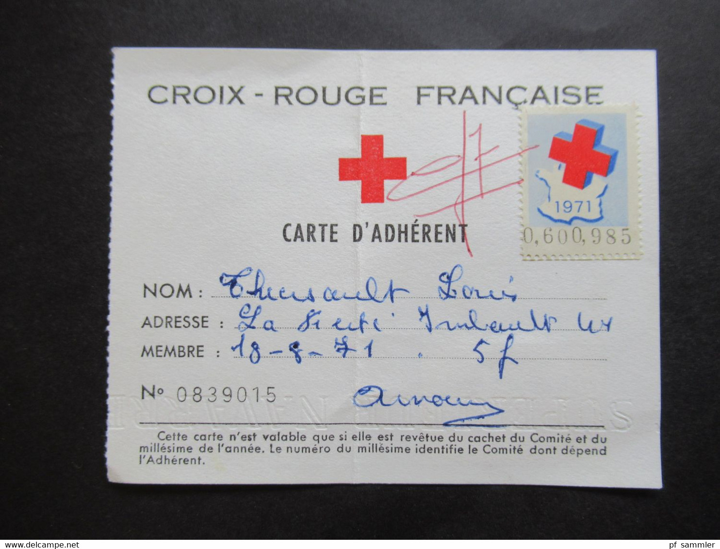 Frankreich 1971 / 72 Vignette Auf Carte D'Adherent Croix Rouge Francaise Stempel Comte De Romorantin - Erinnofilie