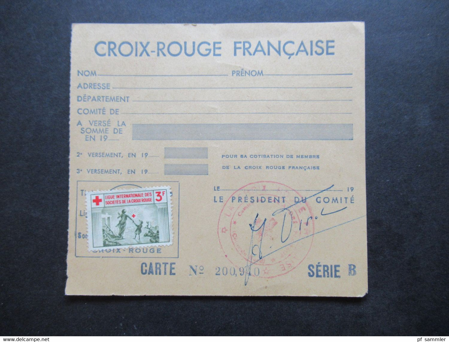 Frankreich 1953 Vignette Auf Carte D'Adherent Croix Rouge Francaise Mit Stempel Und Signe Le President Du Comité - Erinnophilie