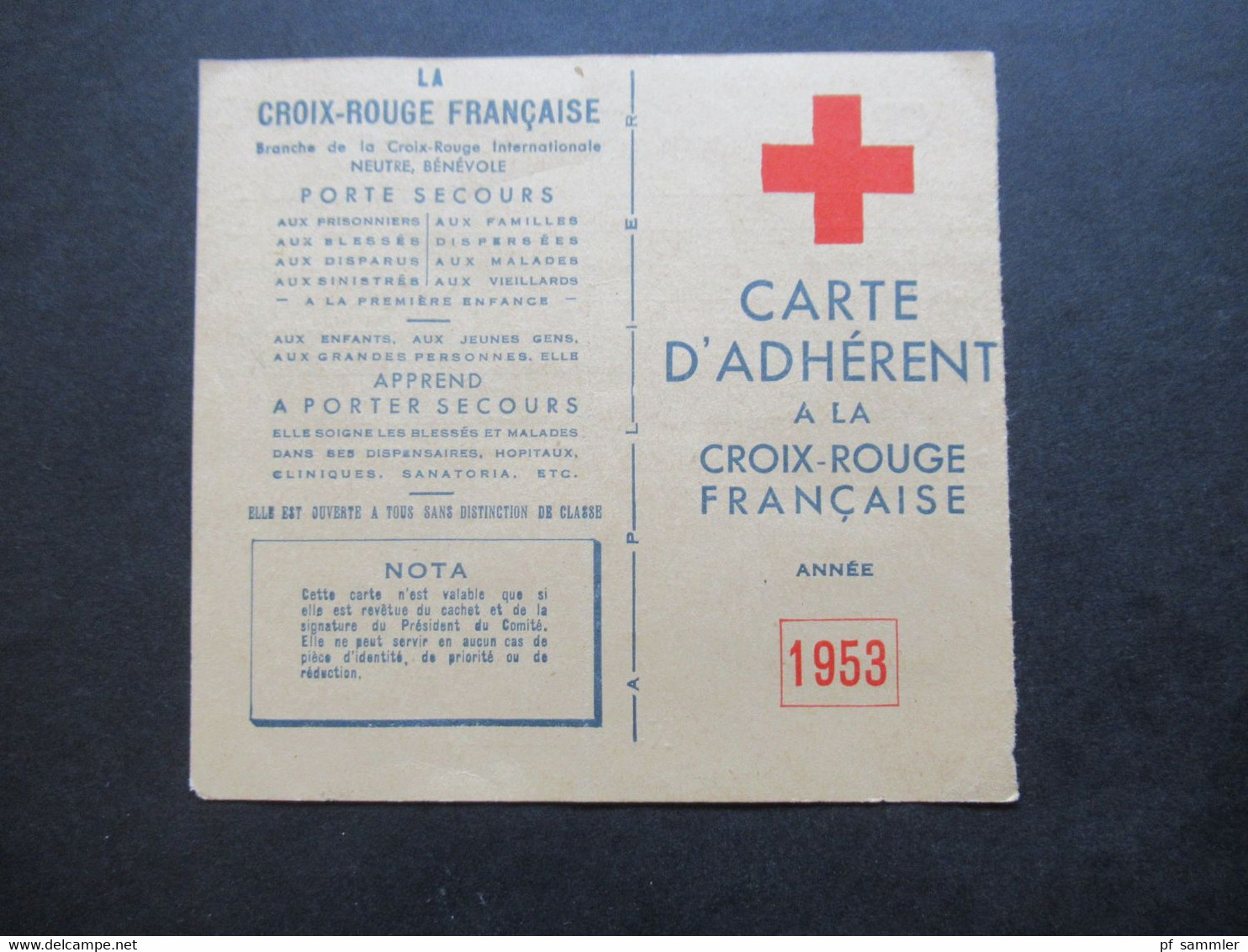 Frankreich 1953 Vignette Auf Carte D'Adherent Croix Rouge Francaise Mit Stempel Und Signe Le President Du Comité - Cinderellas