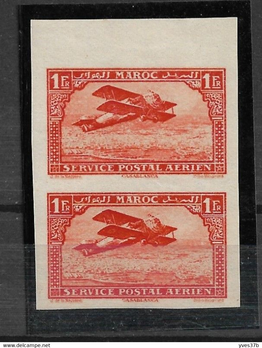 MAROC Poste Aérienne  N°7b - Type I - Non Dentelé - Paire Verticale - BdF - Neuf** - 1 Ex.* - TTB/SUP - - Luftpost