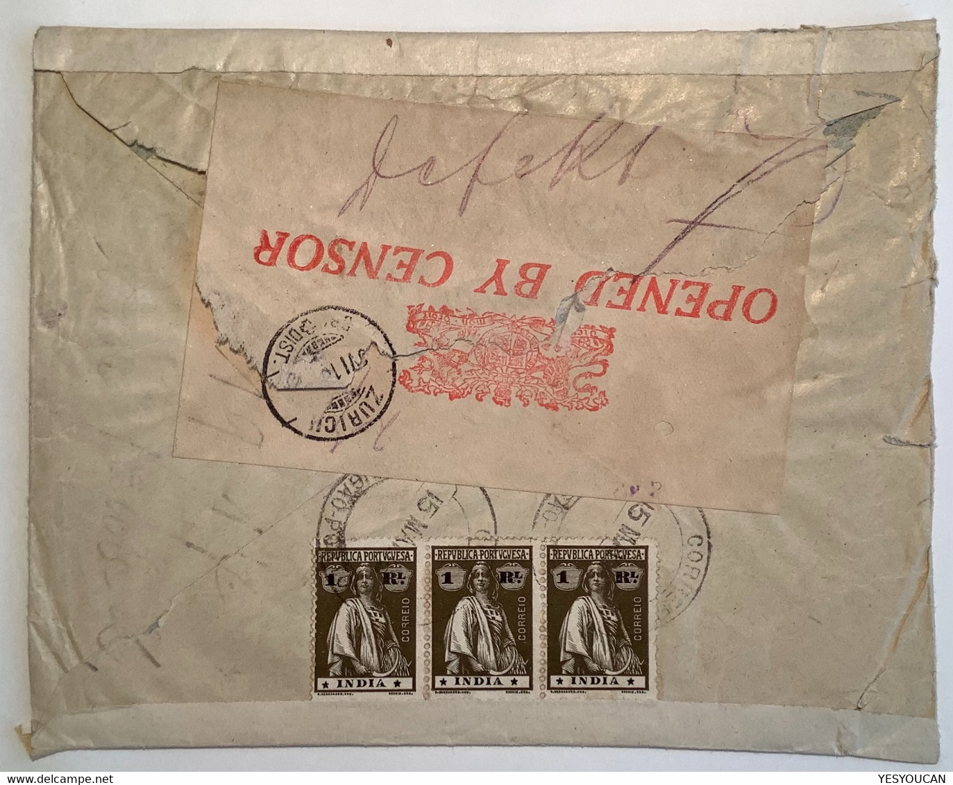 MORMUGAO PORTO 1916 Registered+PASSED CENSOR BOMBAY Cover>Zürich Schweiz (Portuguese India Ceres WW1 War 1914-1918 Goa - India Portuguesa