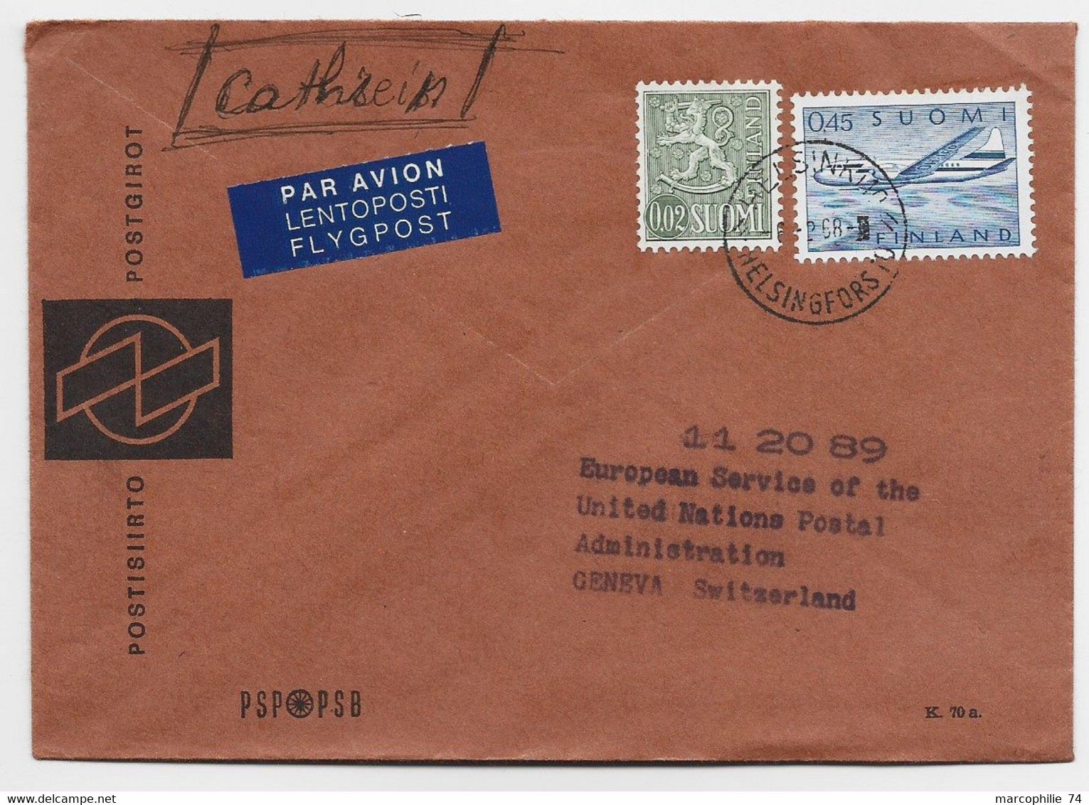 FINLAND 0.02 SUOMI + PA 0.45 LETTRE COVER AIR MAIL HELSINGFORS 1968 TO SUISSE - Covers & Documents