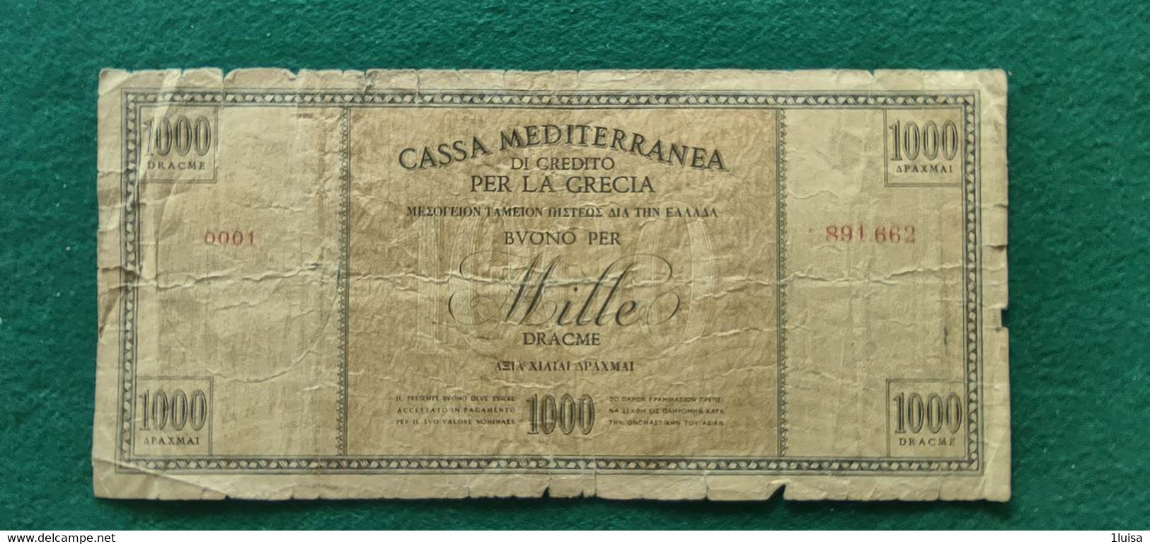 Italia Cassa Mediterranea 1000 Drakme - Italian Occupation (Aegean)