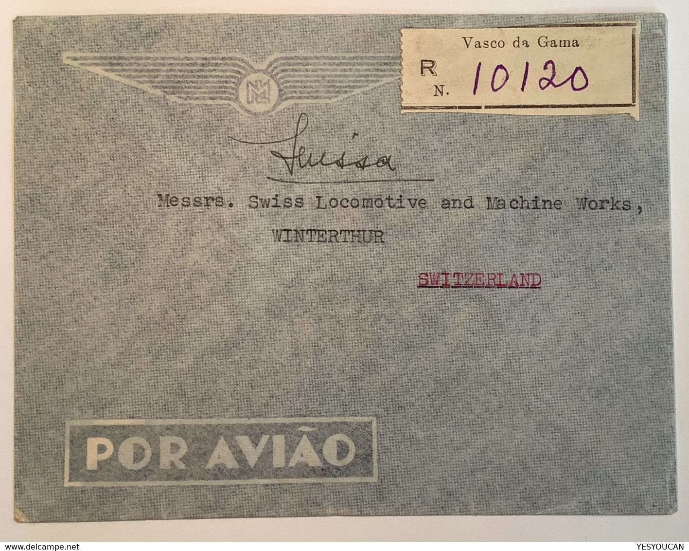 VASCO DA GAMA 1948 Cds RARE Registered Airmail Cover>Winterthur Schweiz (Portuguese India Goa Cover - India Portuguesa