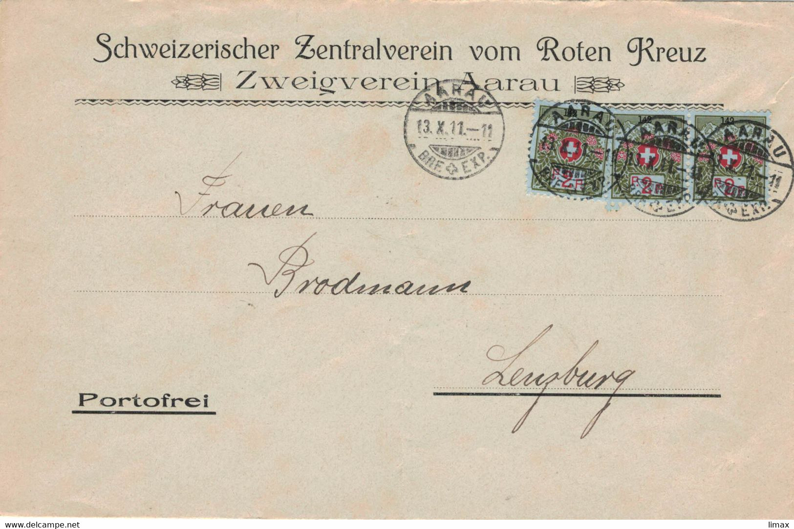 [A5] Schweizer Zentralverein Vom Roten Kreuz Aarau 13.X.1911 No. 142 > Lenzburg (rsA) - Portofreiheit