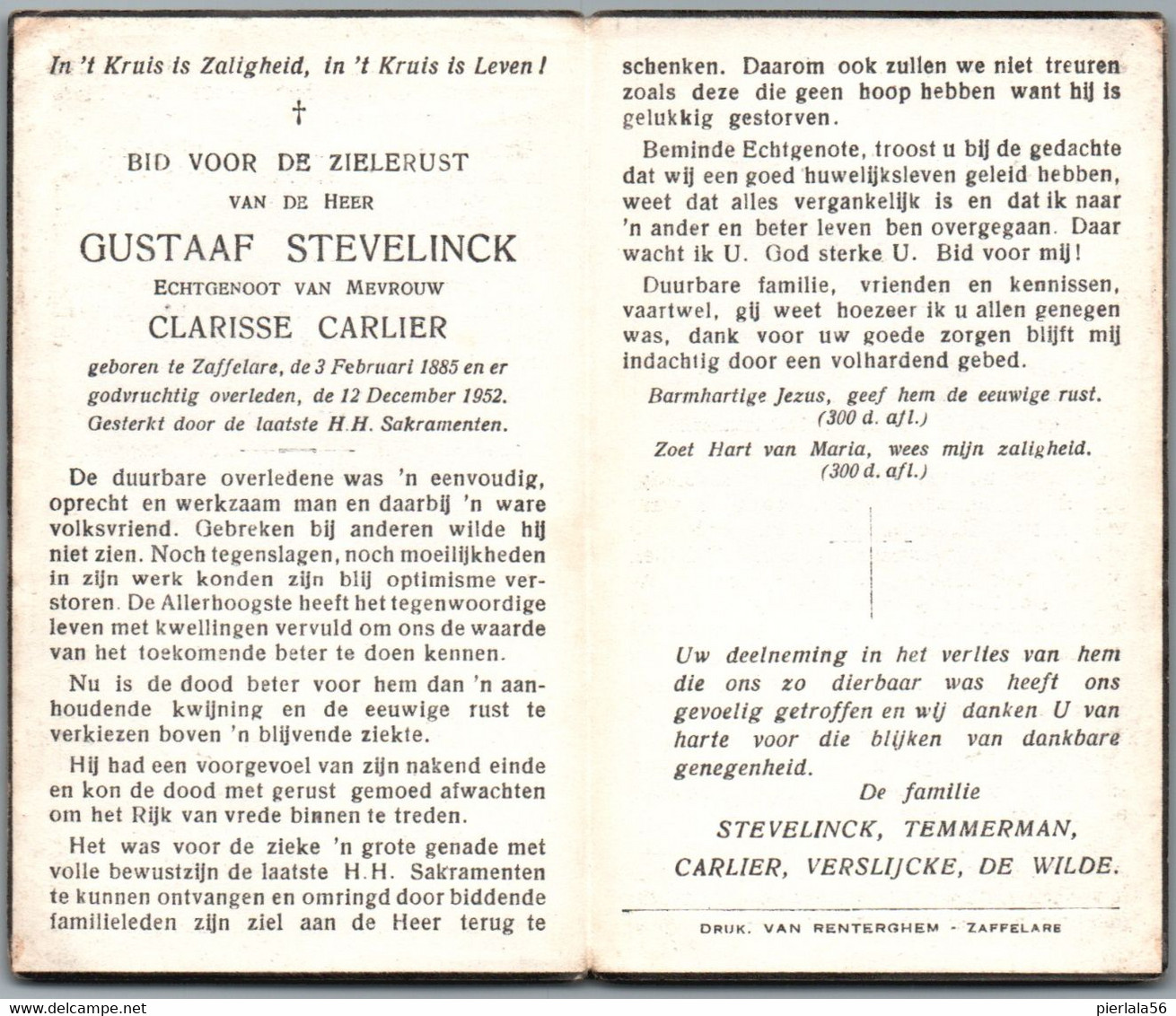 Bidprentje Zaffelare - Stevelinck Gustaaf (1885-1952) - Images Religieuses
