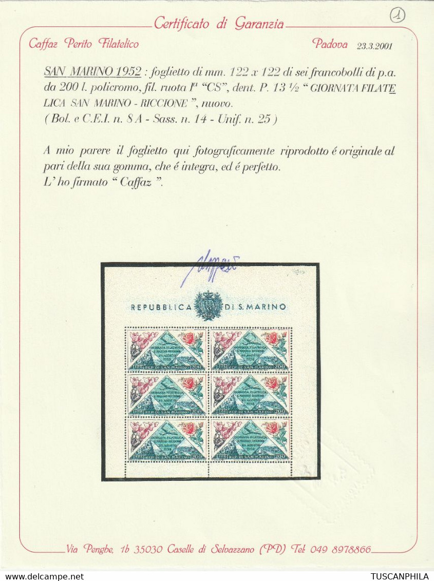 1952 - 4^ Giornata Filatelica A Riccione 200 L. In Foglietto Di 6 Integro Raro Certificato - Sassone F14 - Blocchi & Foglietti