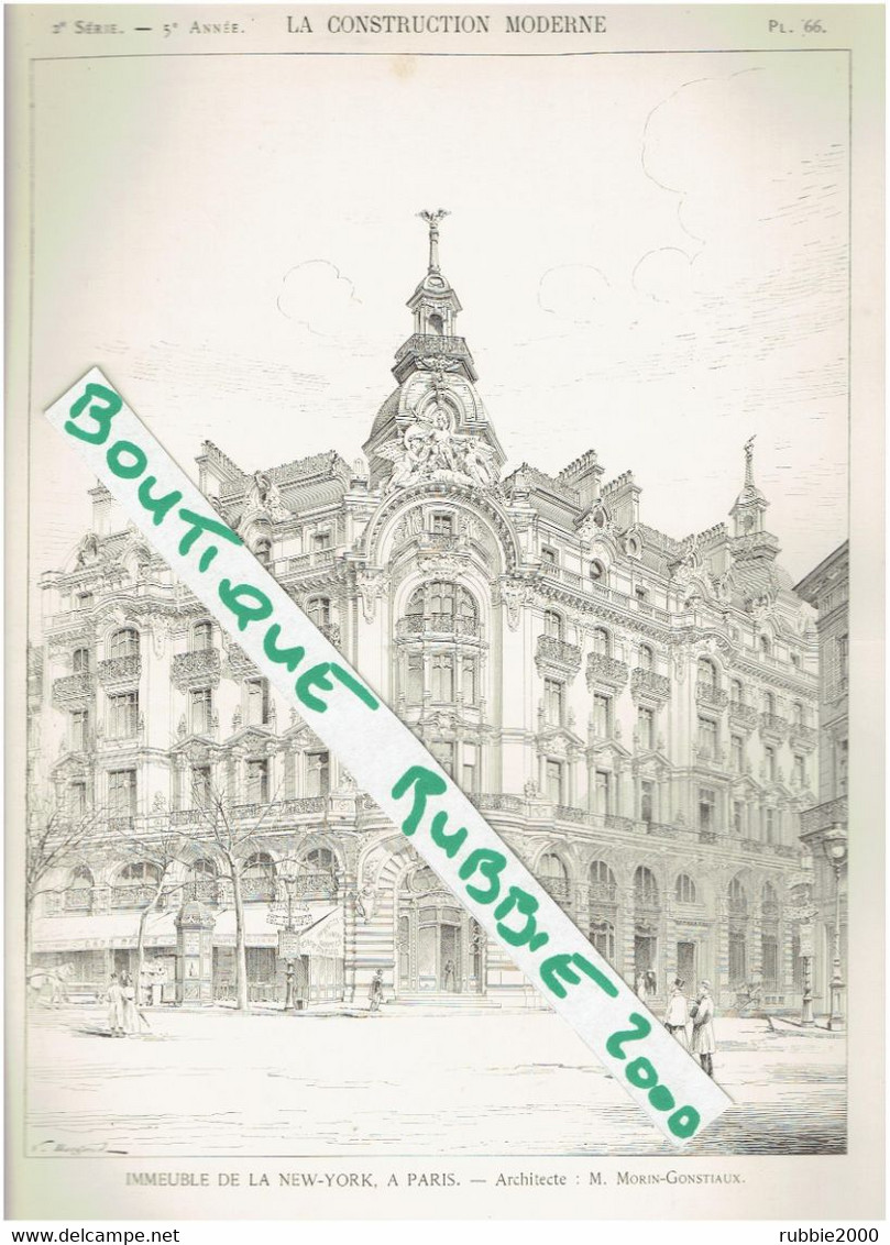 DESSIN 1899 PARIS 9° IMMEUBLE ASSURANCES LA NEW YORK CROISEMENT BOULEVARD DES ITALIENS ET RUE LE PELETIER ARCHITECTE - Parijs