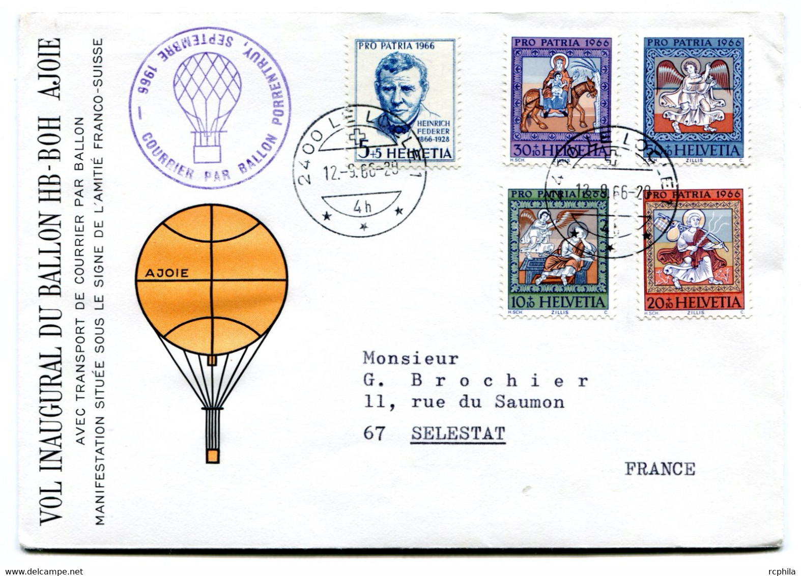 RC 23540 SUISSE 1966 COURRIER PAR BALLON PORRENTRUY POUR LA FRANCE - Altri & Non Classificati