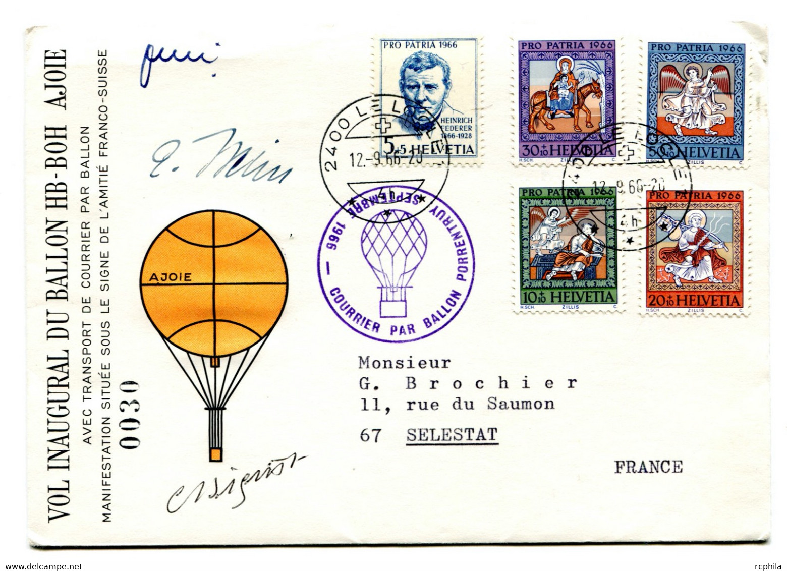 RC 23541 SUISSE 1966 COURRIER PAR BALLON PORRENTRUY SIGNÉ DES PILOTES POUR LA FRANCE - Autres & Non Classés