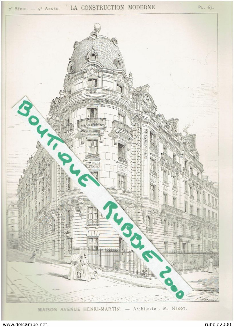 3 PLANS DESSIN 1899 PARIS 16° IMMEUBLE AVENUE HENRI MARTIN ARCHITECTE HENRI PAUL NENOT - Paris