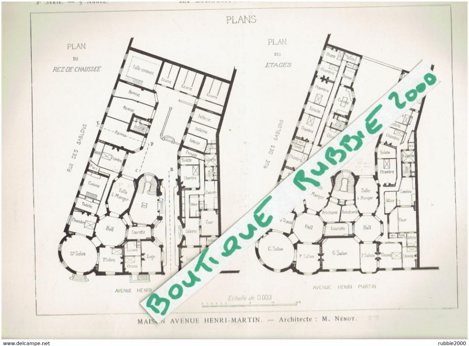 3 PLANS DESSIN 1899 PARIS 16° IMMEUBLE AVENUE HENRI MARTIN ARCHITECTE HENRI PAUL NENOT - Parigi