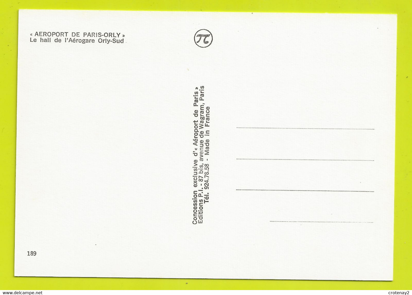 75 Aéroport De PARIS ORLY N°189 Le Hall De L'Aérogare Orly Sud VOIR DOS - Paris Airports