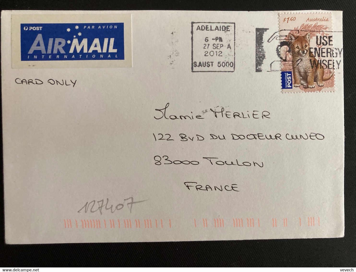 LETTRE Par Avion Pour La FRANCE TP ANIMAL S1,60 OBL.MEC.27 SEP 2012 ADELAIDE - Storia Postale