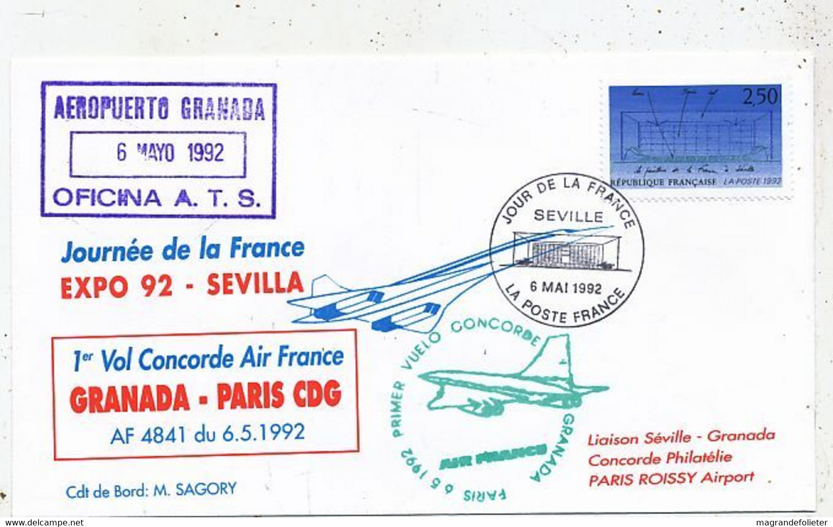 AVION AVIATION AIRLINE FDC AIR FRANCE  1er VOL CONCORDE EXPO 92 SEVILLA GRENADA-PARIS CdG 1992 - Vliegtuigen