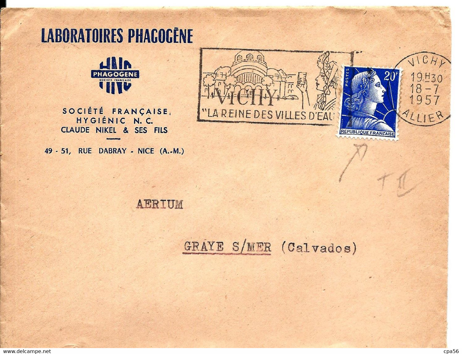 20F MULLER Type II - Sur Enveloppe LABORATOIRES PHAGOGÈNE NICE 1957 - 1955-1961 Marianne Van Muller