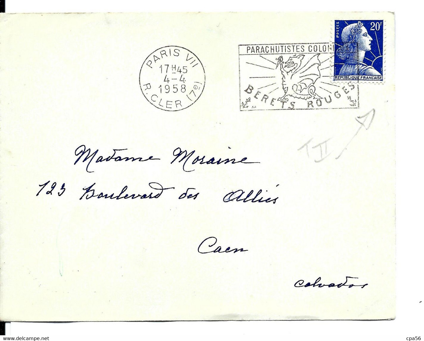 20F MULLER Type II - Sur Enveloppe 1958 - 1955-1961 Marianne De Muller