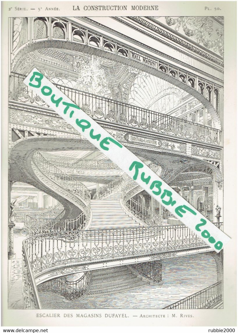 2 DESSINS 1899 PARIS 18° L ESCALIER DES MAGASINS DUFAYEL 26 RUE DE CLIGNANCOURT ARCHITECTE RIVES - Parigi