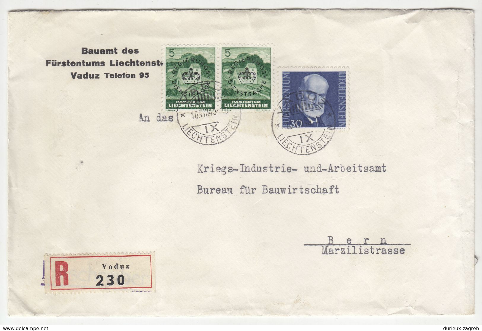 Liechtenstein Official Letter Cover Posted Registered 1943 To Bern B220901 - Service