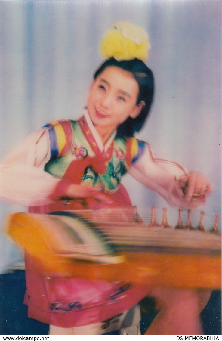 North Korea - Korean Woman Kayagum Music Instrument 3 D Dimensional Postcard - Corée Du Nord