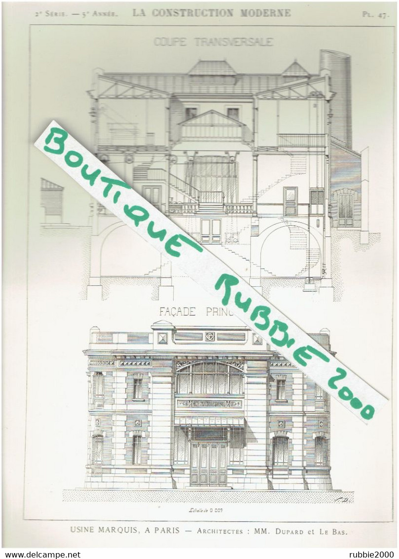 3 PLANS DESSIN 1899 PARIS 18° USINE DE CHOCOLAT FRANCOIS MARQUIS 21 RUE BOINOD ARCHITECTES DUPARD ET LE BAS - Paris