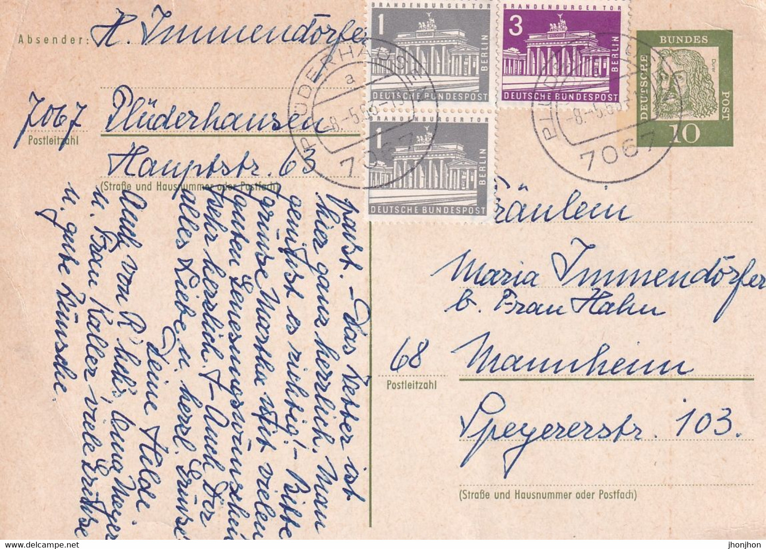 Deutschland  - Postal Stationery PC(74) Used 1963 -  Now Written POSTKARTE In Capital Letters. With Fluorescence. - Postkarten - Gebraucht
