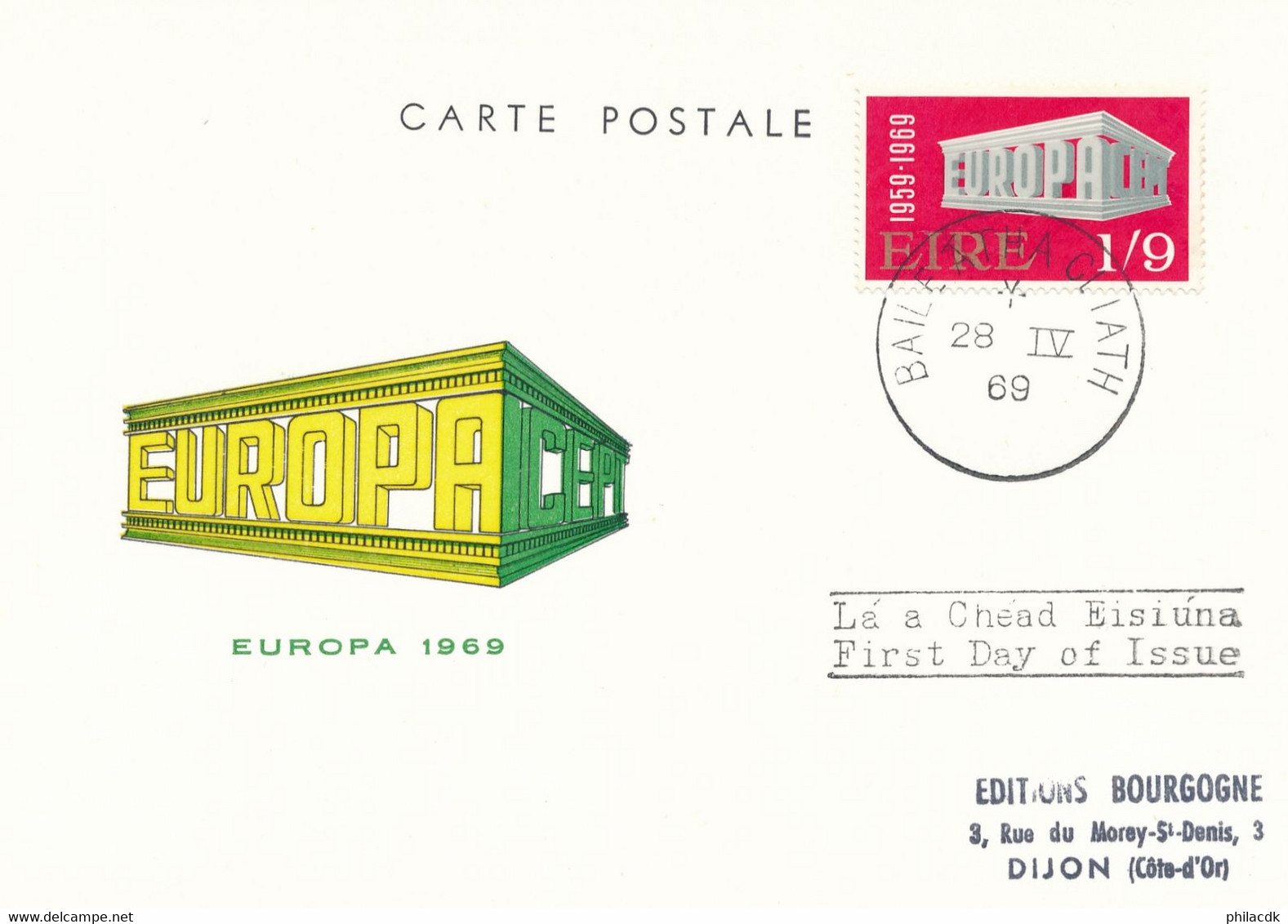 IRLANDE - TIMBRE EUROPA SUR CARTE AVEC CAD BAILE ATHA CLIATH DU 28 AVRIL 1969 - Lettres & Documents