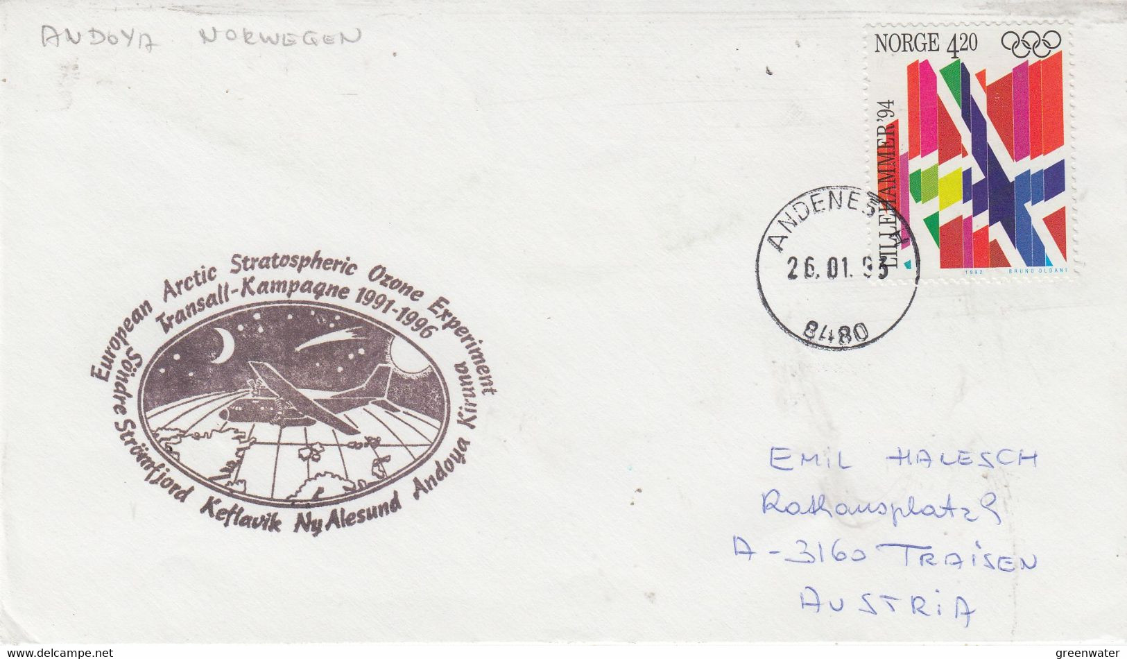 Norway 1993 Cover European Arctic Stratospheric Ozone Experiment Ca  Andenes 26.01.1993 NI163) - Vuelos Polares