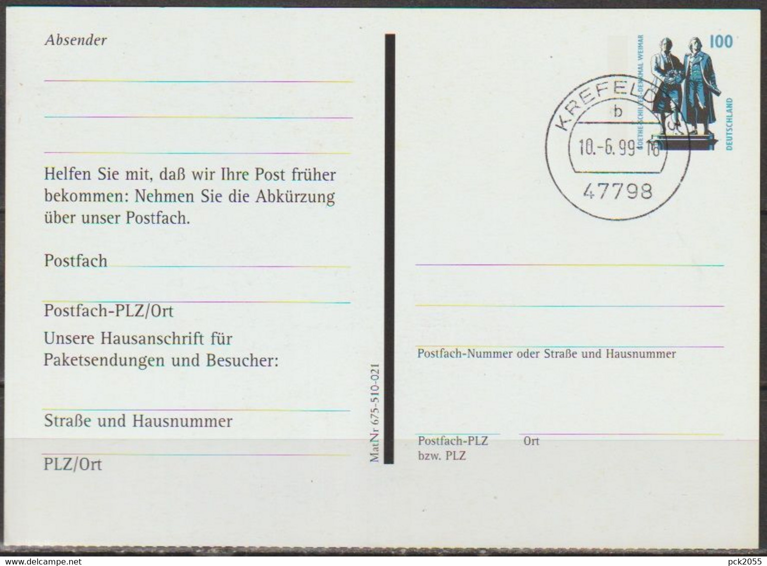 Bund  Ganzsache 1999 Eigenausgabe Der Post PFK 3 WSt. Goethe-Schiller-Denkmal Stempel KREFELD (PK 391 ) - Postkarten - Gebraucht