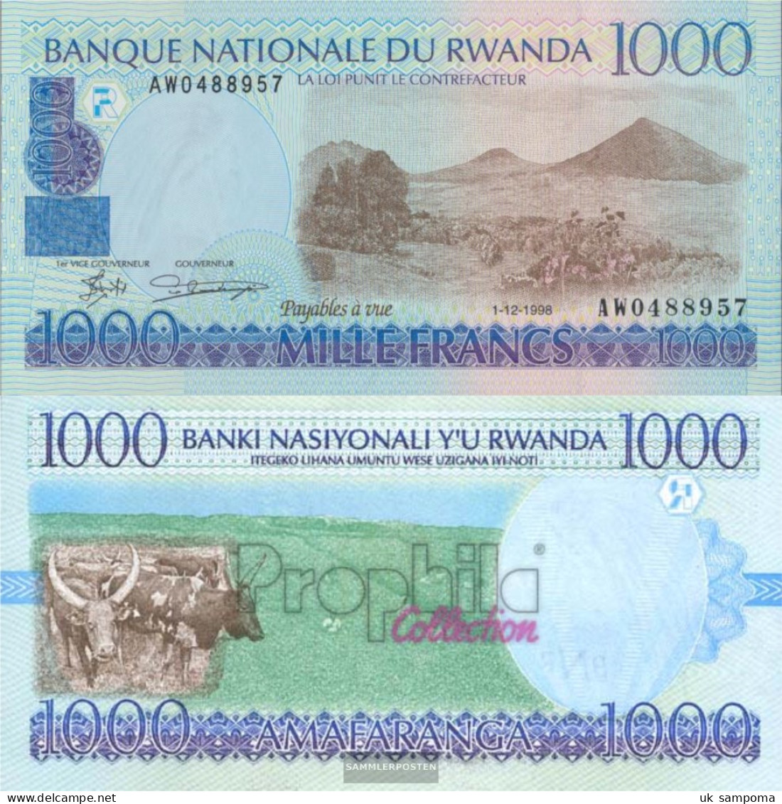 Rwanda Pick-number: 27b Uncirculated 1998 1.000 Francs - Rwanda