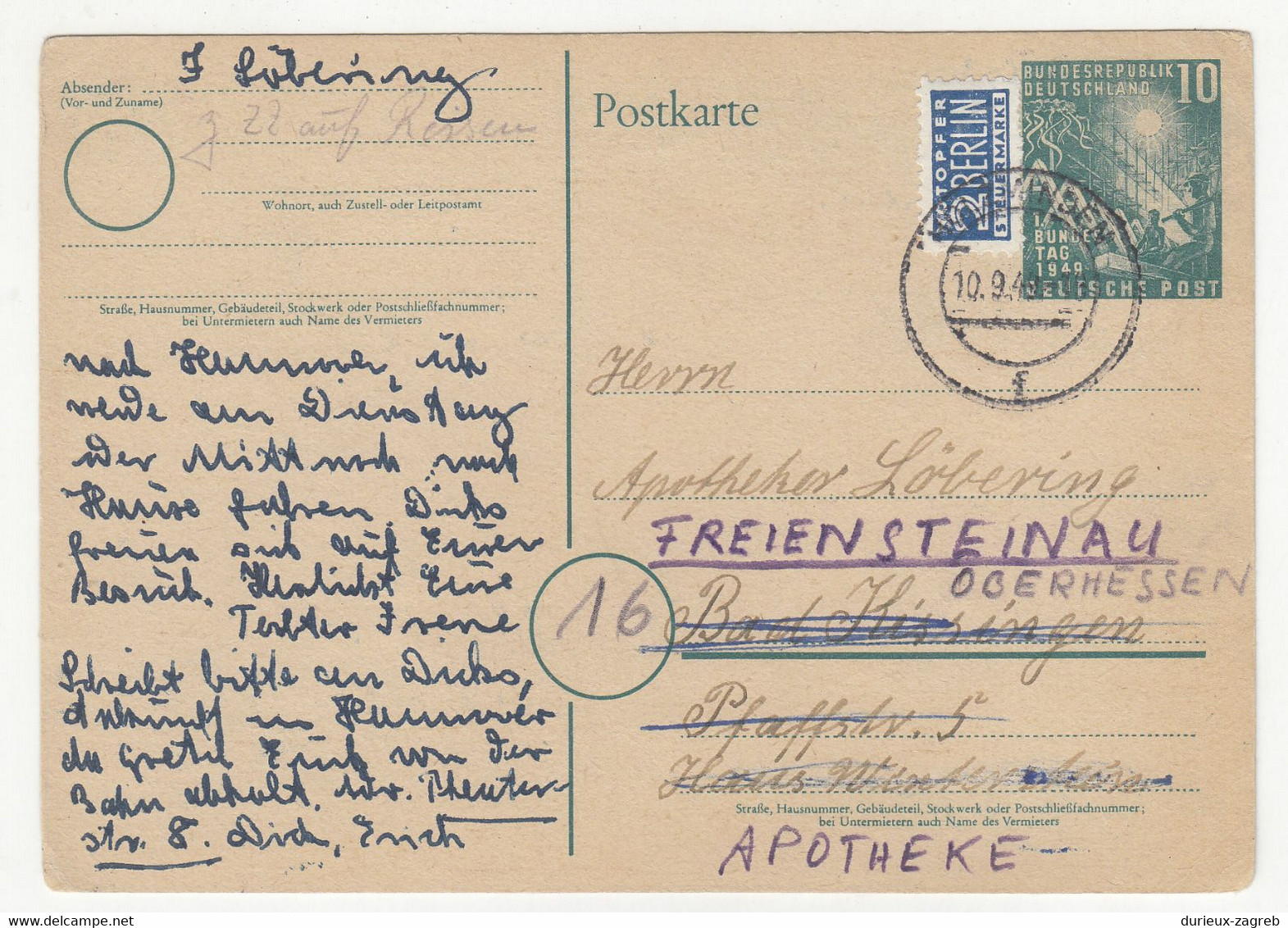 Germany Postal Stationery Postcard Posted 1949 B220901 - Postkarten - Gebraucht