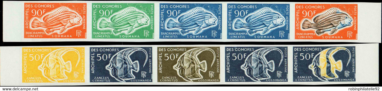 Comores Essais De Couleur Poste Aérienne N°23 /24 Poissons 2 Valeurs En Bandes De 5 Qualité:** - Other & Unclassified