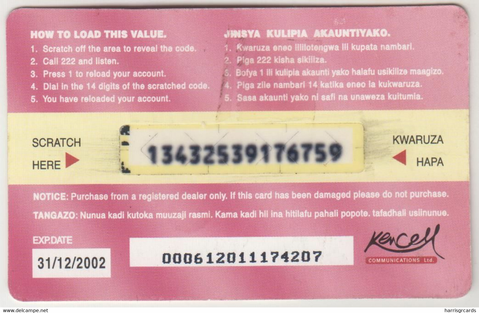 KENYA - Talk Card Yes! , Kencell Refill Card , Expiry Date:31/12/2002, 300 Sh ,used - Kenya