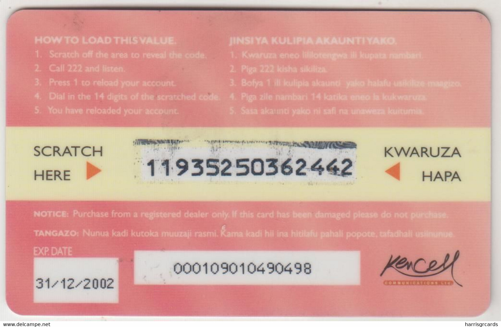 KENYA - Talk Card Yes! , Kencell Refill Card , Expiry Date:31/12/2002, 600 Sh ,used - Kenya